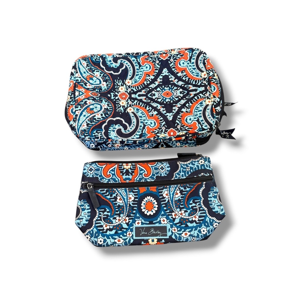 Vera Bradley Marrakesh Cosmetic Makeup Bag Set 2pc Blue Orange Quilted Travel